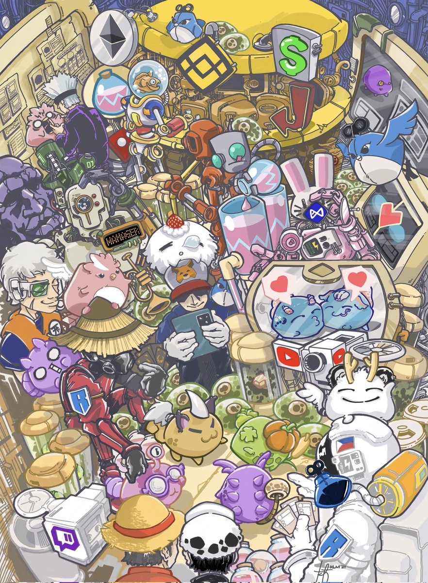 astr0mann's tweet photo. First digital art. Transitioning from traditional to digital. Also this one is added in my opensea account. The piece portrays Axie ecosystem in my perspective as a player too. 

#AxieInfinityEcosystem
#AxieInfinity 
#AXS 
#PlayToEarn https://t.co/9HajW90qKk