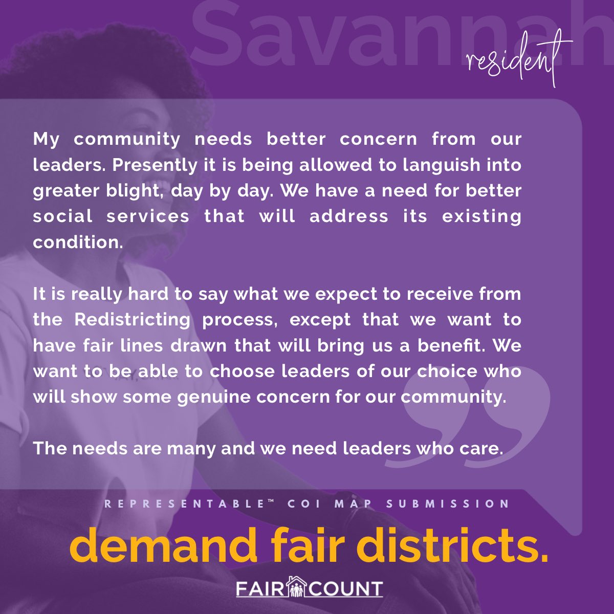 faircount's tweet photo. "We want to be able to choose leaders of our choice who will show some genuine concern for our community.
The needs are many and we need leaders who care."
—Resident, Savannah
Community testimony input is vital in the redistricting process. #FairDistricts #FCPressConf https://t.co/TNMhaWNPZJ