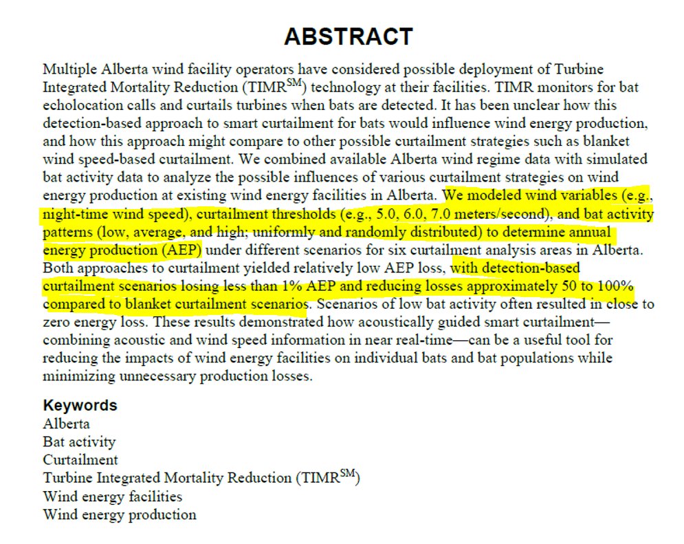 HayesAMark's tweet photo. Here's a new technical report I have out with colleagues looking at the affects of various curtailment strategies on reducing bat fatalities at wind energy facilities while maximizing wind energy production.
#bats #windenergy
https://t.co/B7qkiRhmV6 https://t.co/Uwgoq9HEQf