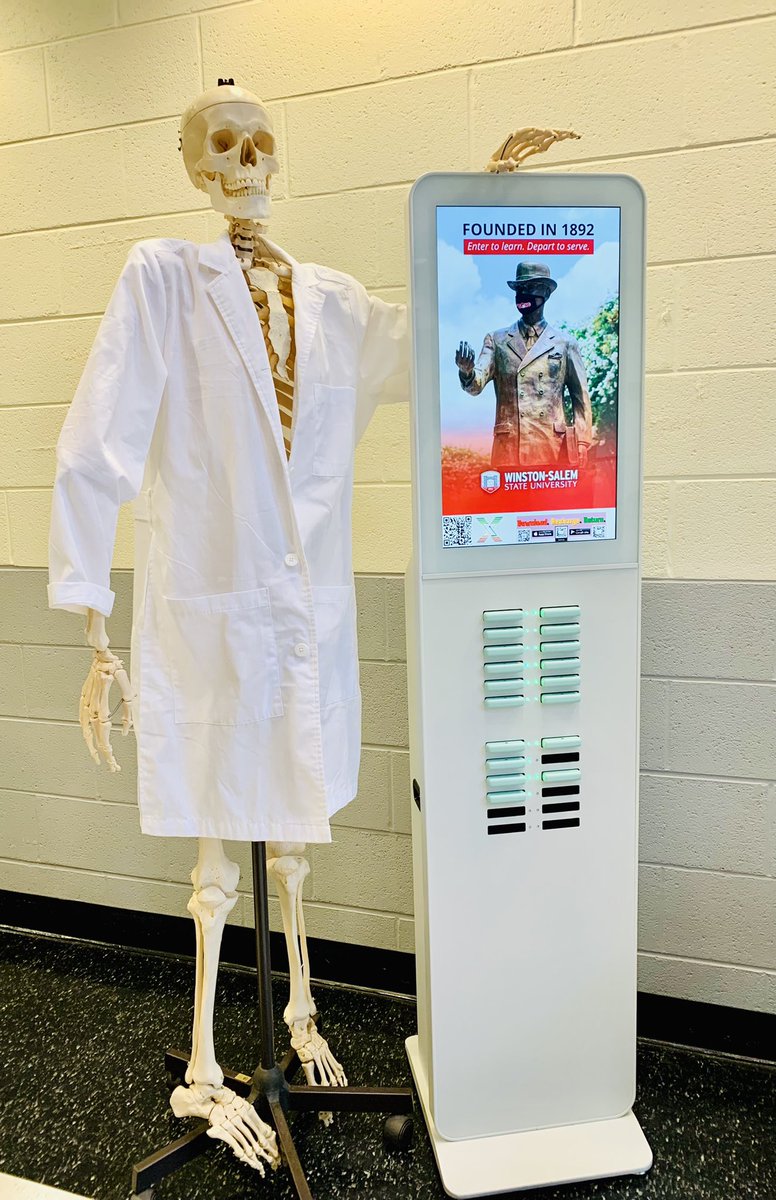 WssuBiology's tweet photo. @WSSUBiology Professor Bones approves of the new free portable battery charger kiosk in WBA Sci. Bldg. lobby. #batteryxchange #WSSU #WSSU22 #WSSU23 #WSSU24 #WSSU25 @batteryxchange_ #blackownedtech https://t.co/McbWvlonZV