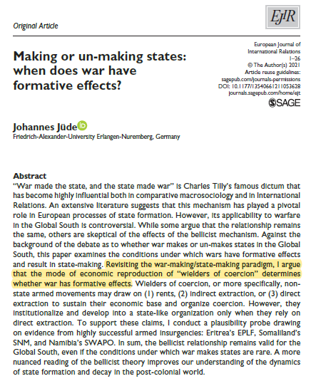 JohannesJuede's tweet image. When does #war make states? Does the bellicist theory apply to modern warfare in the #GlobalSouth or is it only telling for early modern European #StateFormation? 

So glad that my article answering these questions IS OUT with @EuroJournIR! @UniFAU 
journals.sagepub.com/doi/full/10.11…
(1/8)