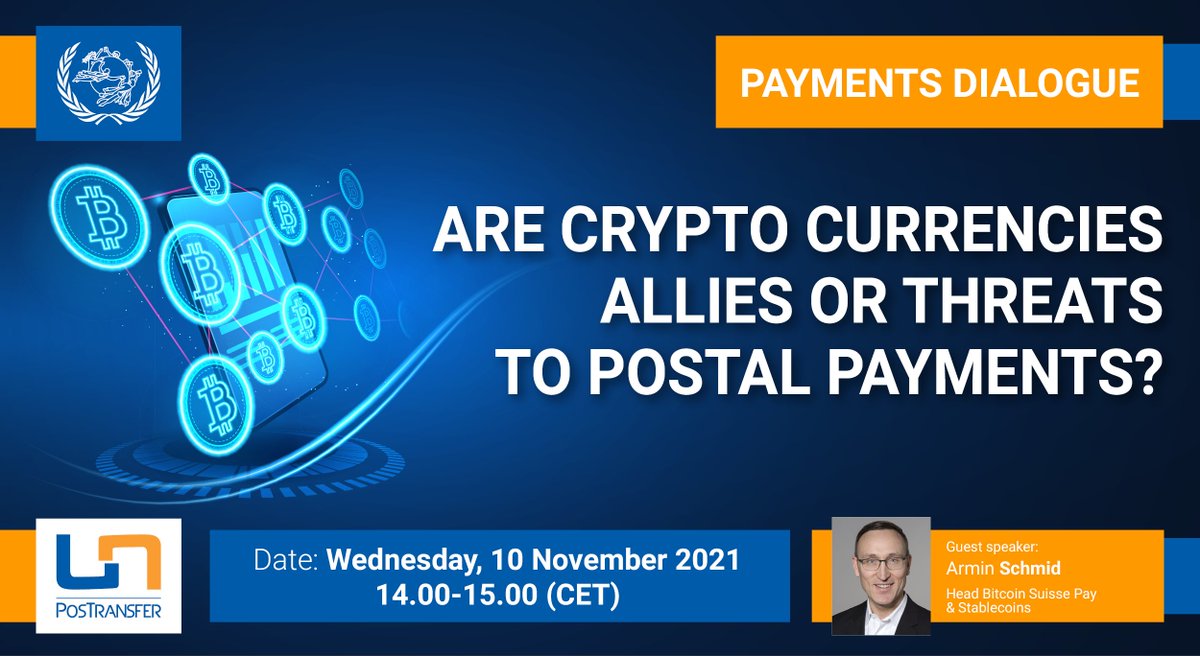 upu_onu's tweet photo. 📣Nous annonçons le 4e dialogue sur les paiements de l'#UPU_UN!
Les #CryptoMonnaies sont-elles des alliées ou des menaces pour les paiements #postaux?
Notre orateur invité est @ArminSchmid - le développeur de #CryptoFranc.
📅10 novembre
⏰14h CET
🌐https://t.co/RGwaTgsKyB https://t.co/2qAnIDsXm0