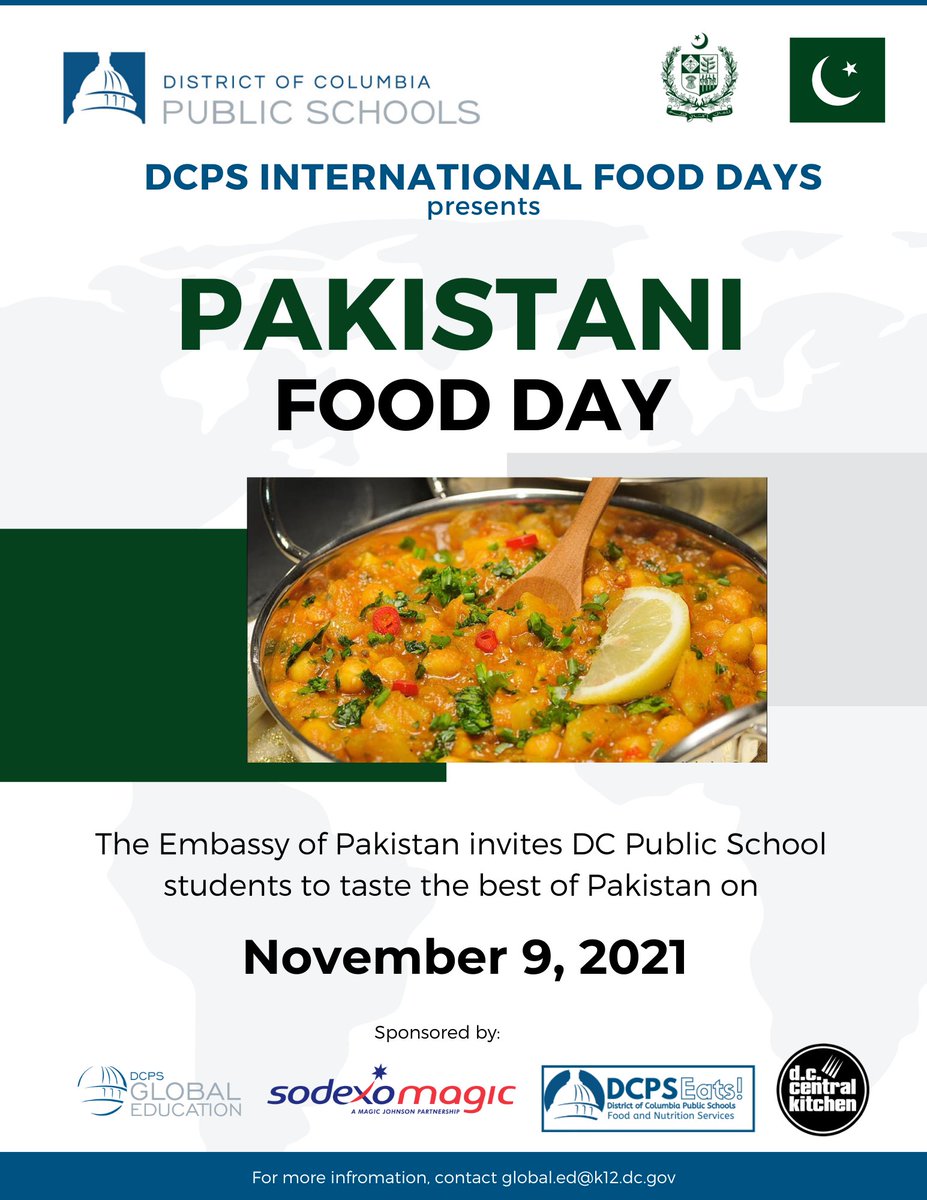 International Food Days is next week! Join <a href="/DCPSEats/">DCPS Food & Nutrition Services</a>
<a href="/DCGlobalEd/">DCPS Global Education</a> &amp; <a href="/PakinUSA/">Pakistan Embassy US</a> as we explore the cuisine of Pakistan 🇵🇰 on 11/9 with a sample of 'Aalo Channa Salan'. Samples will be distributed during lunch throughout <a href="/dcpublicschools/">DC Public Schools</a>! #IEW2021🌎