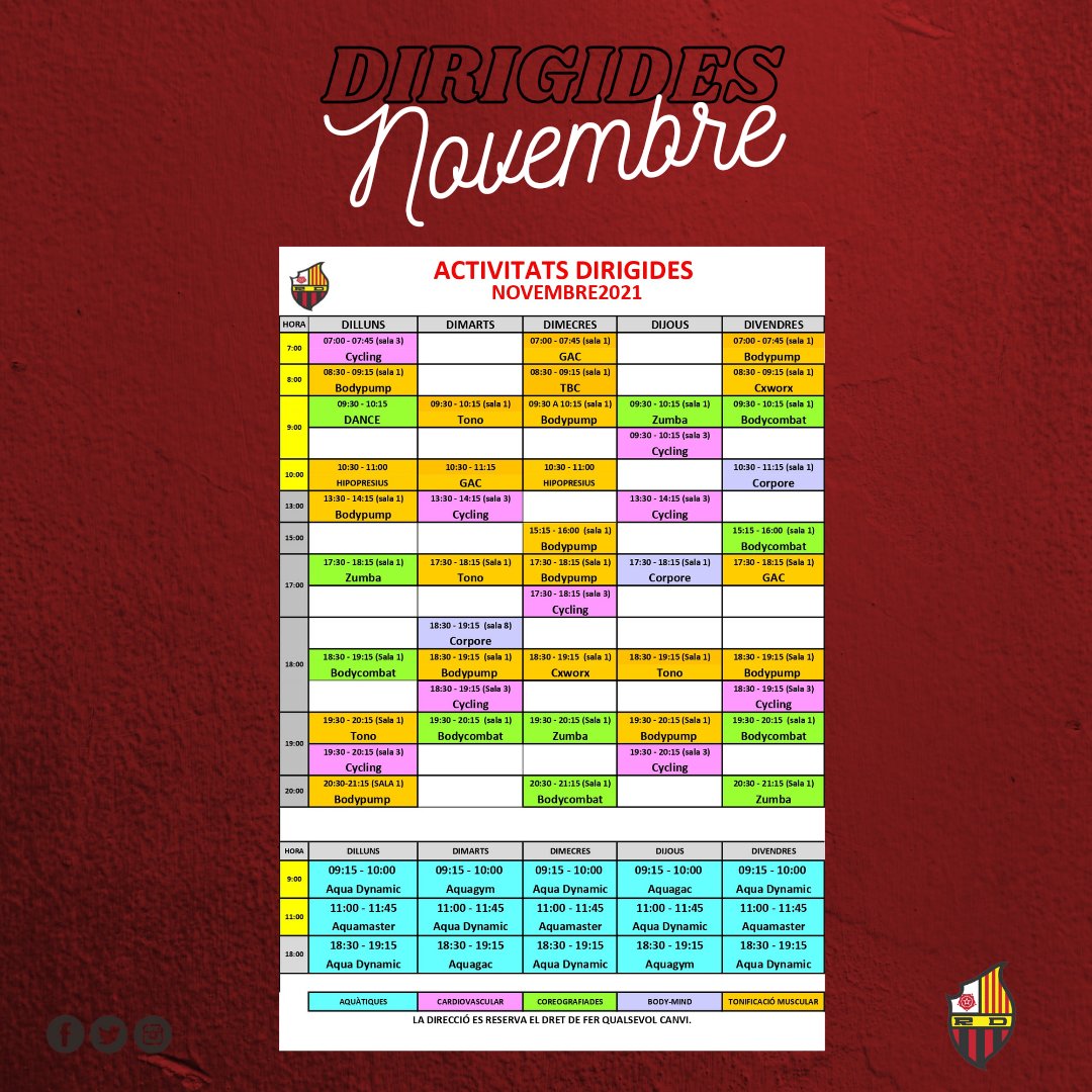 ReusDeportiu's tweet photo. Hem entrat al mes de NOVEMBRE amb la mateixa energia de sempre βπ»
L'horari de les #DirigidesRD no canvia i recordem que ja no cal demanar cita prΓ¨via βπ»
#ReusDeportiu #SocisRD #ForΓ§aReus https://t.co/H6H8eK06oL
