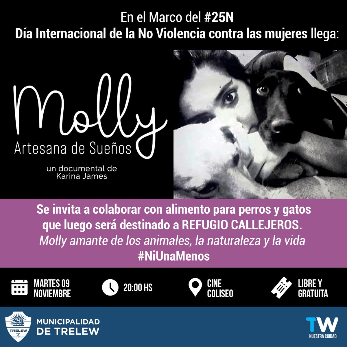 DocumentalMolly's tweet photo. #Molly 💜 
Un puñadito de alimento o una mantita serán bienvenidos en esta acción solidaria que seguramente Molly acompaña
Agradecimiento difusión 💜 https://t.co/FuiDCChImt
