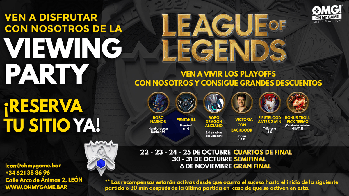 OhMyGameLeon's tweet photo. 🏆 Ven a vivir con nosotros la gran final de los #Worlds2021 @DWGKIA vs @EDG_Edward 

Disfruta del mejor @lol_es mientras desbloqueas ofertas durante las partidas.

¡¡¡No te quedes sin sitio, reserva ya tu mesa ❗❗❗ https://t.co/3BgiXYsq75