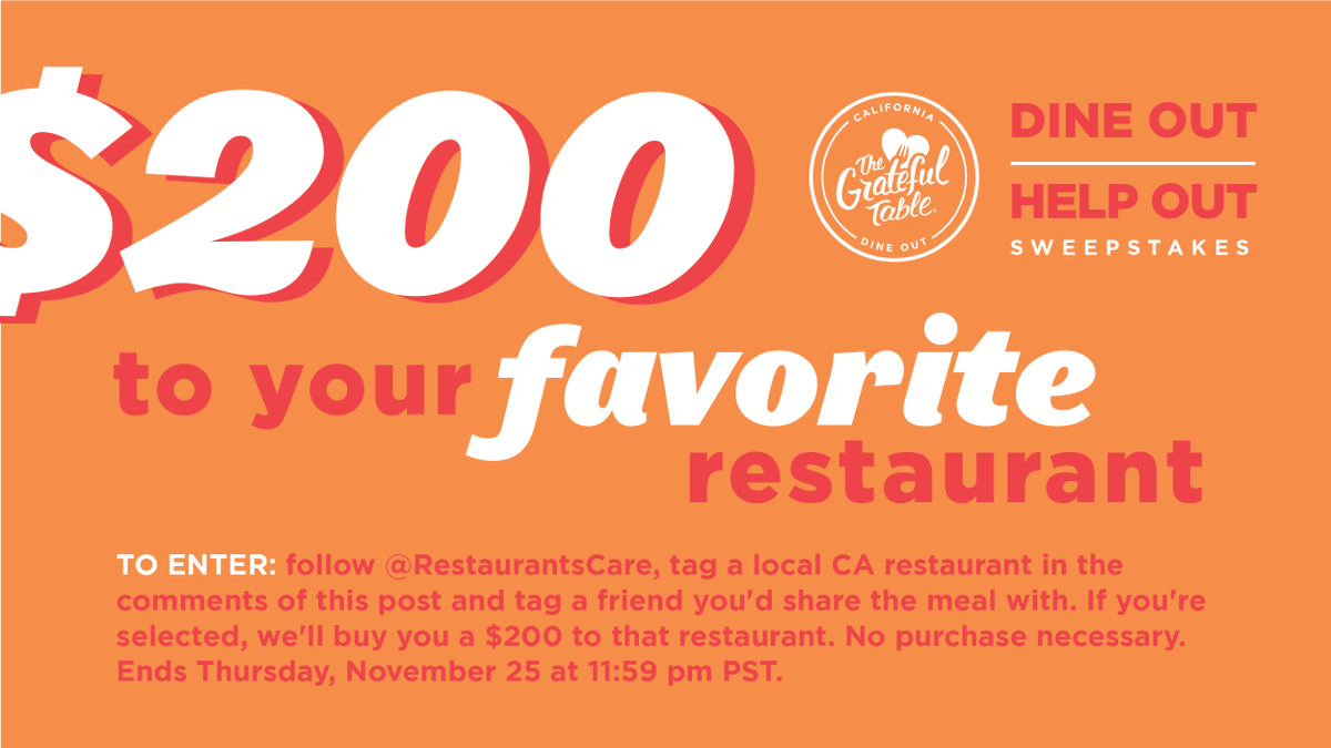 RestaurantsCare's tweet photo. It's here! The Grateful Table Dine Out #sweepstakes! As an added incentive to dine out and support neighborhood restaurants, we'll pick up the tab!
To enter:
π΄follow us on Twitter
π΄ tag your favorite CA restaurant
π΄ tag a friend
#gratefultable #dineouthelpout https://t.co/dX9FdTXiAM