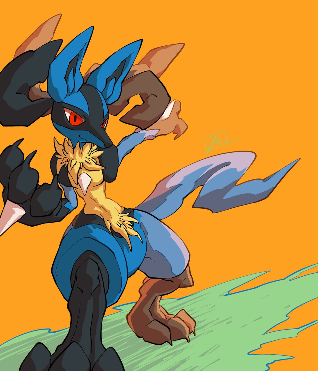lucario pokemon (creature) solo yellow fur red eyes closed mouth spikes furry  illustration images