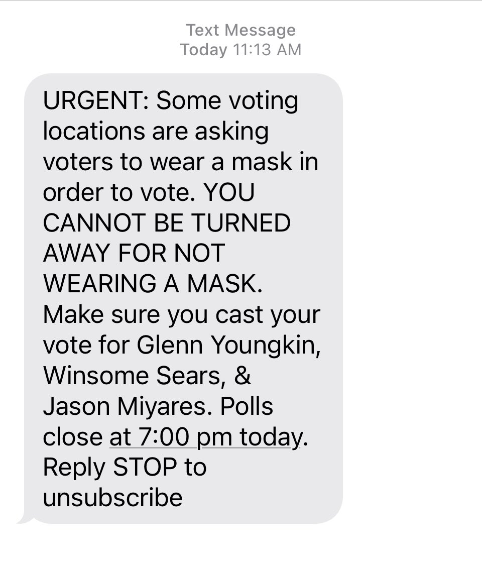 Heminator's tweet photo. Just got this text. They were trying to require masks at my polling place in a jurisdiction with no mask mandate in place. https://t.co/WqgcyO4LYF
