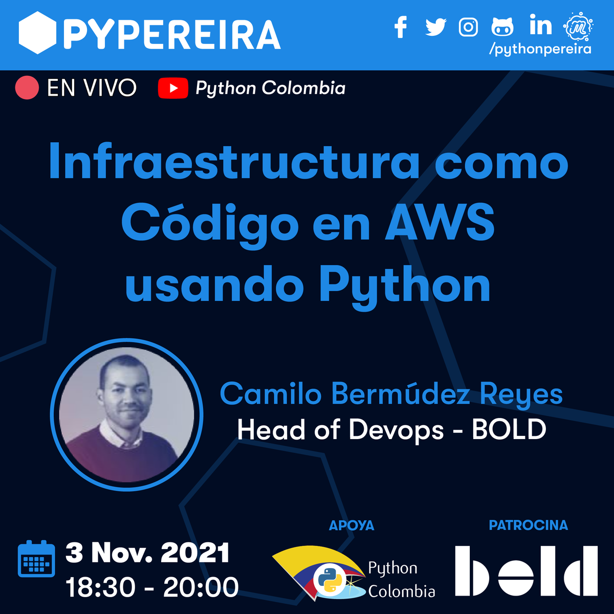 pythonpereira's tweet image. ¡Sólo falta un día!
👉 Infraestructura como Código en AWS usando Python por @kmilobermudez Head Of Devops Bold
🚩 Inscripciones: lnkd.in/daRCaidA
Agradecemos a nuestros patrocinadores Bold.co 💙