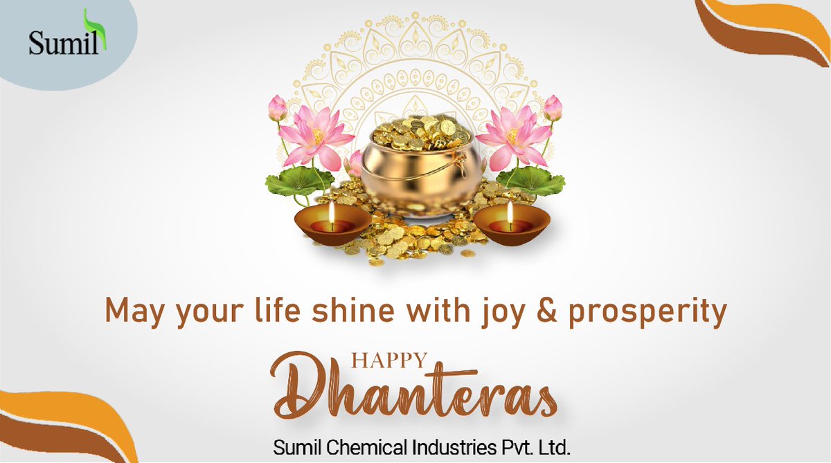 SumilLtd's tweet photo. May the festivities of Dhanteras shower you and your loved ones with the best of health and wealth. Warm greetings on Dhanteras to you.
#sulphurmillslimited #sumilchemicalindustries #smlgroup #reap #agrochemicals #agriculture #mumbai #happydhanteras #dhanteras #festival https://t.co/rwcukPzFqU