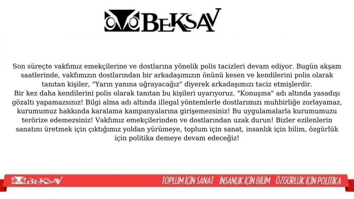 beksav_'s tweet photo. Bugün vakfımız emekçisine yapılan polis tacizine dair açıklamamızdır!

Bizler ezilenlerin sanatını üretmek için çıktığımız yoldan yürümeye, toplum için sanat, insanlık için bilim, özgürlük için politika demeye devam edeceğiz! https://t.co/yuUoHsm9vQ