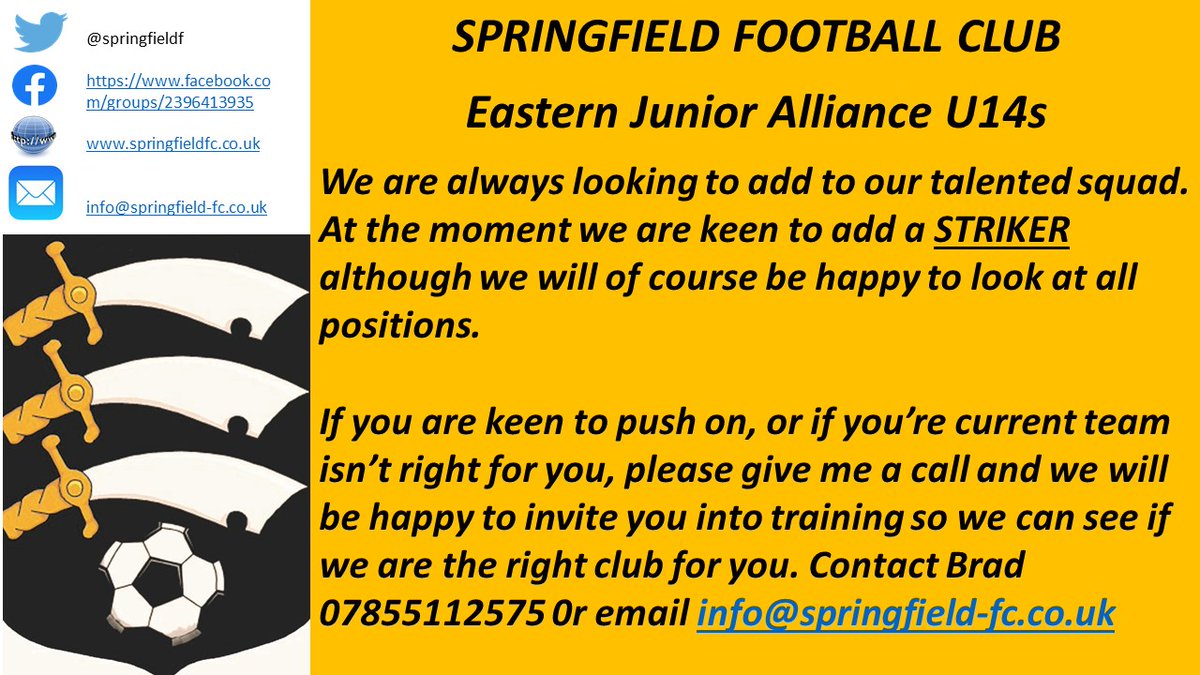 Springfieldeja's tweet image. WE ARE URGENTLY LOOKING TO BUILD FOR THIS SEASON AND BEYOND. 
STRIKERS ARE NEEDED BUT WE ARE KEEN TO HEAR ABOUT PLAYERS IN ANY POSITION.
PLEASE GET IN TOUCH @Springfieldeja @SpringfieldF @SpringfieldFCR @RedsSpringfield @SpringfieldU12s @EJALeague @EssexCountyFA #SquadBooster