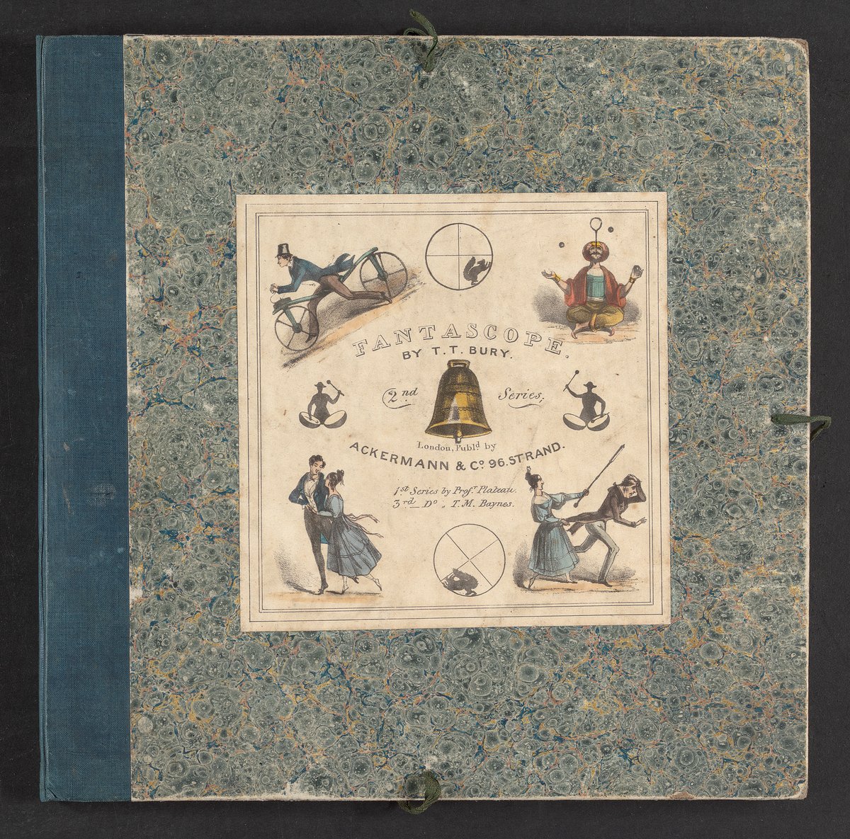 RealPreCinema's tweet photo. Each Phenakistoscope disk features a box series (below) of images that appear to move when the disk is spun and viewed through the slots, before a mirror. Manufactured by the Ackermann & Co., London, 1833. These were hand-colored #aquatints. https://t.co/4poPkNVuu1