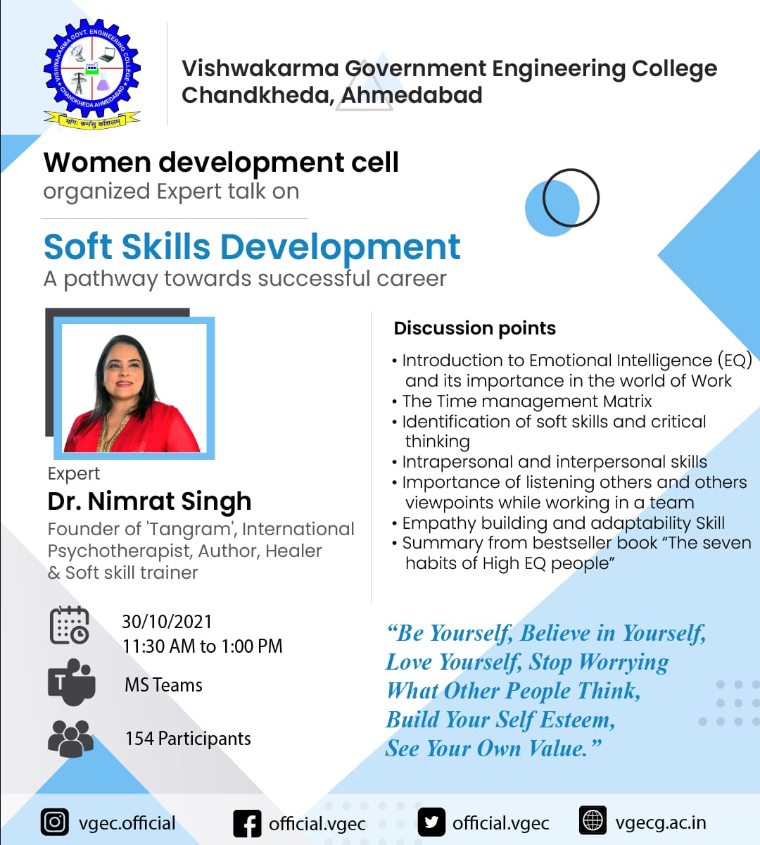 OfficialVgec's tweet photo. The Women Development Cell, VGEC organised an Expert Talk on "Soft Skills Development: A Pathway towards Successful Career".

#VGEC 
#success 
#careertips 
#development 
#softskills 
#women 
#womendevelopmentcell https://t.co/it3Mms8dX9