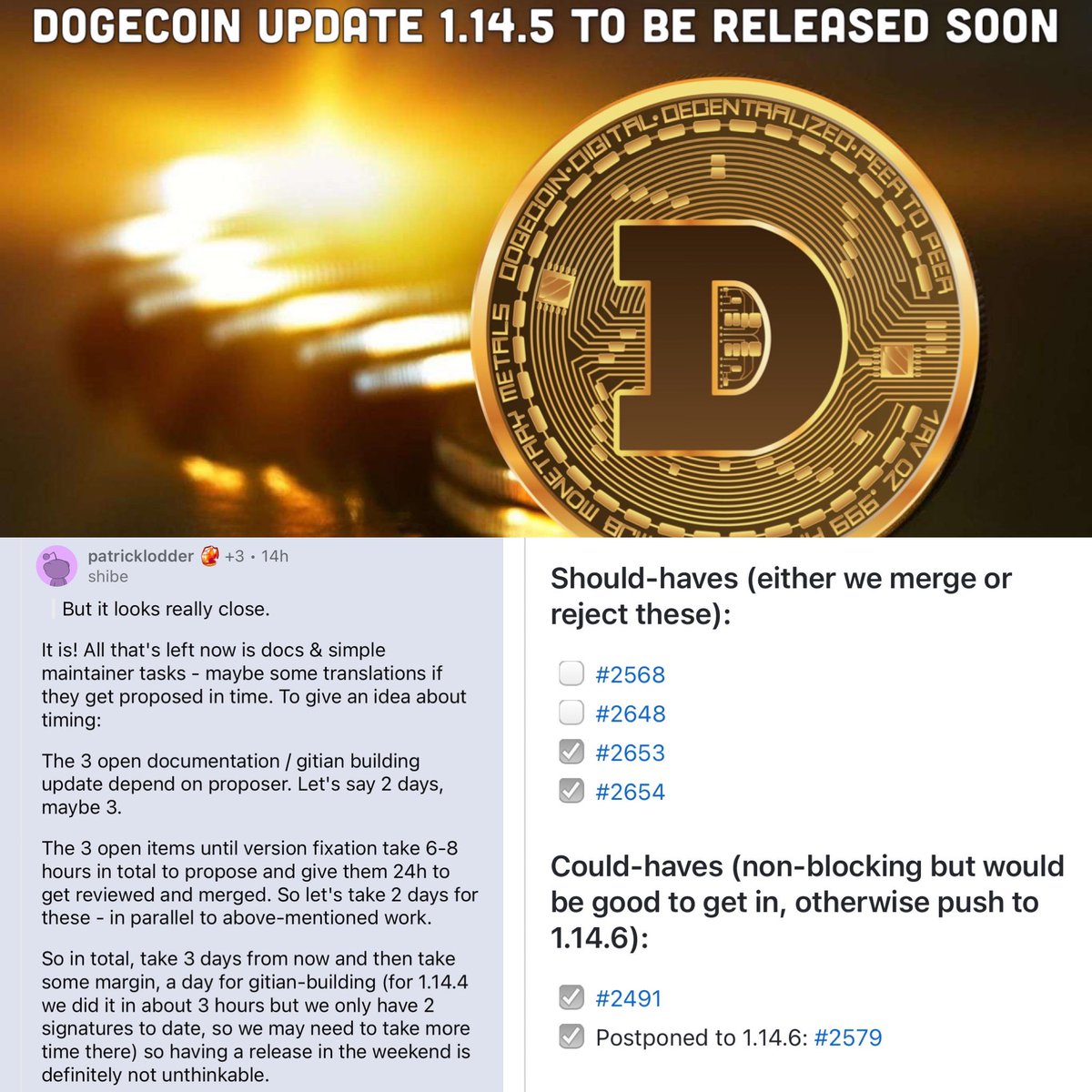 TDogewhisperer's tweet photo. Dogecoin update coming soon!

Patrick Lodder, a #dogecoin core developer confirms we are only days away from the new 1.14.5 update

This means, $doge transaction fees will be reduced to almost nothing! 🐕 https://t.co/VMha8hMGDc