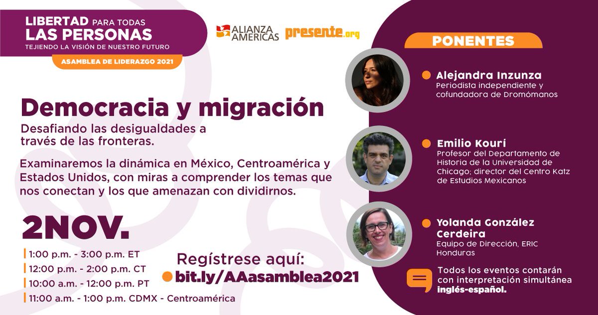 ALIANZAAMERICAS's tweet photo. 📢¡ES HOY!
🕗 12:00 p.m. CT 
Regístrese a la primera conversación de la #AAasamblea2021 Democracia y Migración: Desafiando las desigualdades a través de las fronteras con Alejandra Inzunza @Dromomanos, Yolanda Cerdeira @EquipoERIC y Emilio Kourí @UChicago: https://t.co/QSn8YCgfPR https://t.co/bL7ZybGaCv