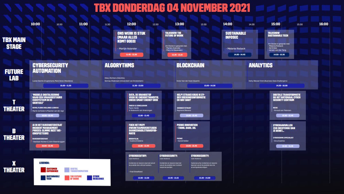 tbx_event's tweet photo. TBX PROGRAMMA 4 NOVEMBER

De tweede dag van TBX belooft weer een topdag te worden! Heb je de app al gedownload? Hierin kun je je aanmelden voor alle sessies, netwerken én heb je een mooi overzicht van alle exposanten. https://t.co/VYcjvl9MXy https://t.co/E6wogUXsll