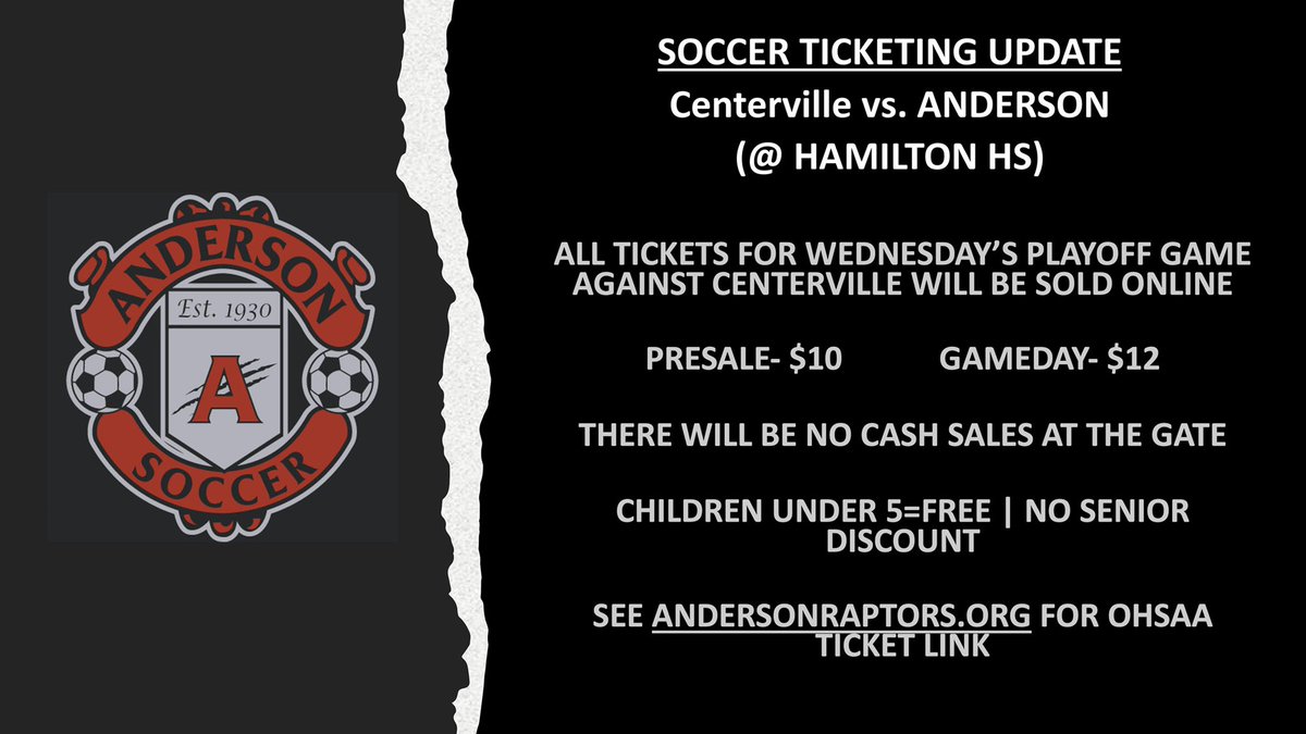 AHSRaptorsAD's tweet photo. HEY @AHSRowdies &amp; FANS OF @AndersonRaptors WE GOT SOME HOOTING &amp; HOLLERING TO DO THIS WEEK!!! 
YOU MUST HOP ON https://t.co/cAdPn3yVUz TO PURCHASE TICKETS!!!
@AHS_M_Soccer PLAYS WEDNESDAY 7:00 at HAMILTON HS &amp; @_AHS_Football PLAYS FRIDAY 7:00 at HOME!!! #PACKdaHOUSE #AHSisFAMILY https://t.co/bO5MSoykMH
