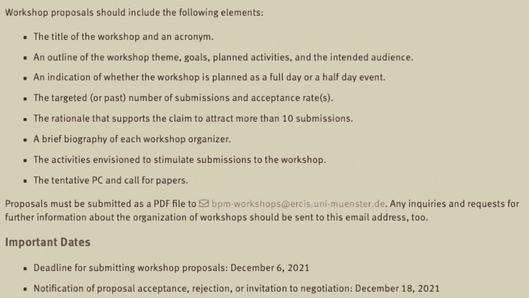 Still in time to submit your workshop proposal for @BPMConf 2022 ⏳ Don’t miss the opportunity to meet people sharing your research interests! 