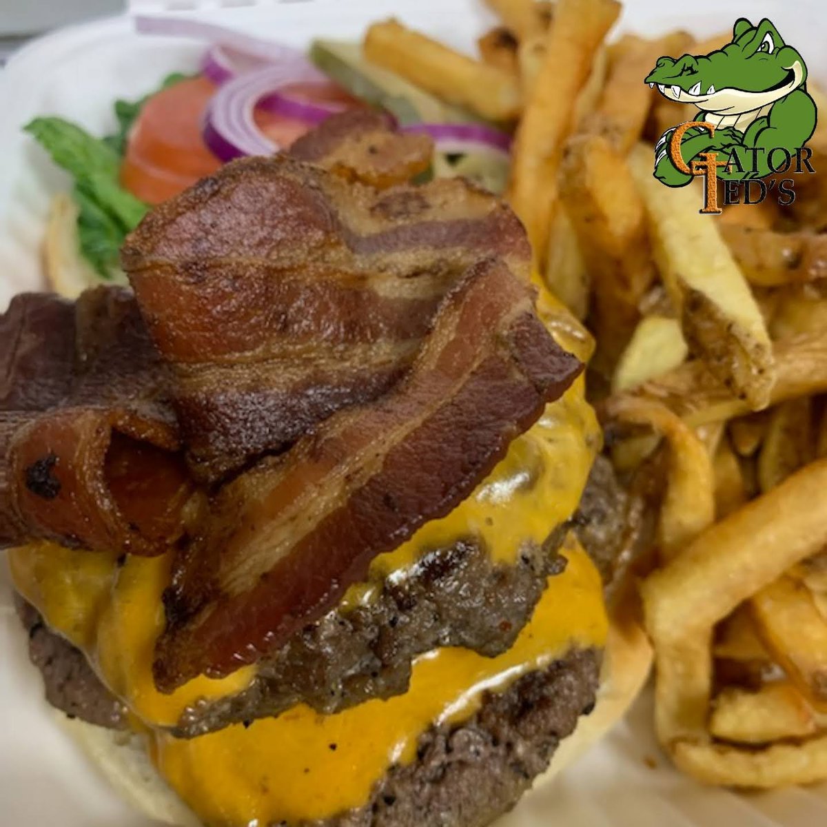 gator_teds's tweet photo. What's a Burger without Bacon? Enjoy our Swamp Burger topped with Cheddar + Bacon w/ Fresh Cut Fries today!
Available for Dine in or Takeout!
👉 https://t.co/5dJpbf4Xjq for Ordering + Delivery
#gatorsathome #supportlocal #takeouttohelpout https://t.co/XxYLRp0J5J