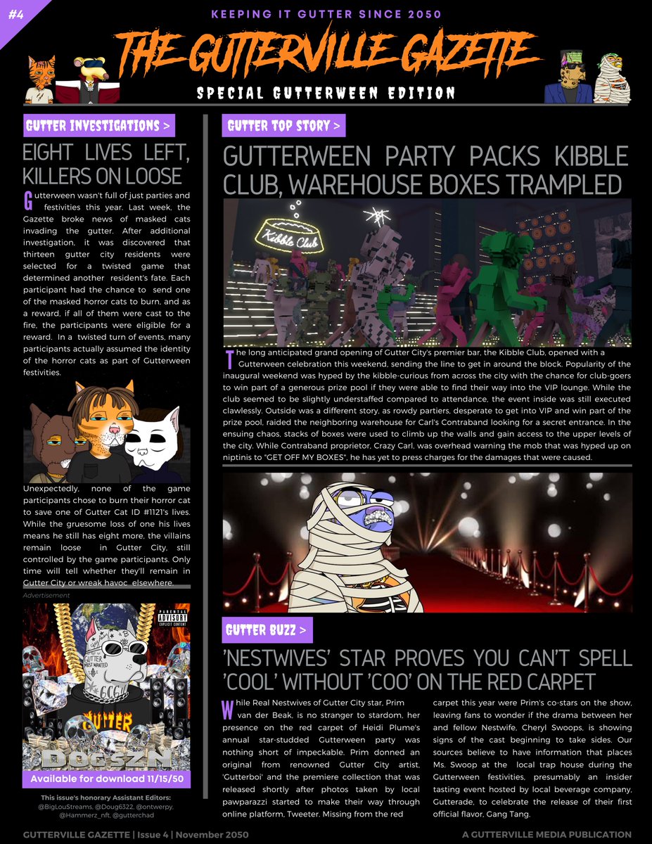 GuttervilleNews's tweet photo. 📰EXTRA! EXTRA! READ ALL ABOUT IT!📰

🚨 Issue #4 of the Gutterville Gazette 🚨 

It's a special🎃 #GUTTERWEEN🎃recap issue:
🔪 @reactionready causes a major stir
📦 Why is @CrazyCryptoCarl so mad? 
👗 @NestWives rocking @gutterboi2 fashion

If you enjoyed it, please like and RT! https://t.co/bslzIVyWOq