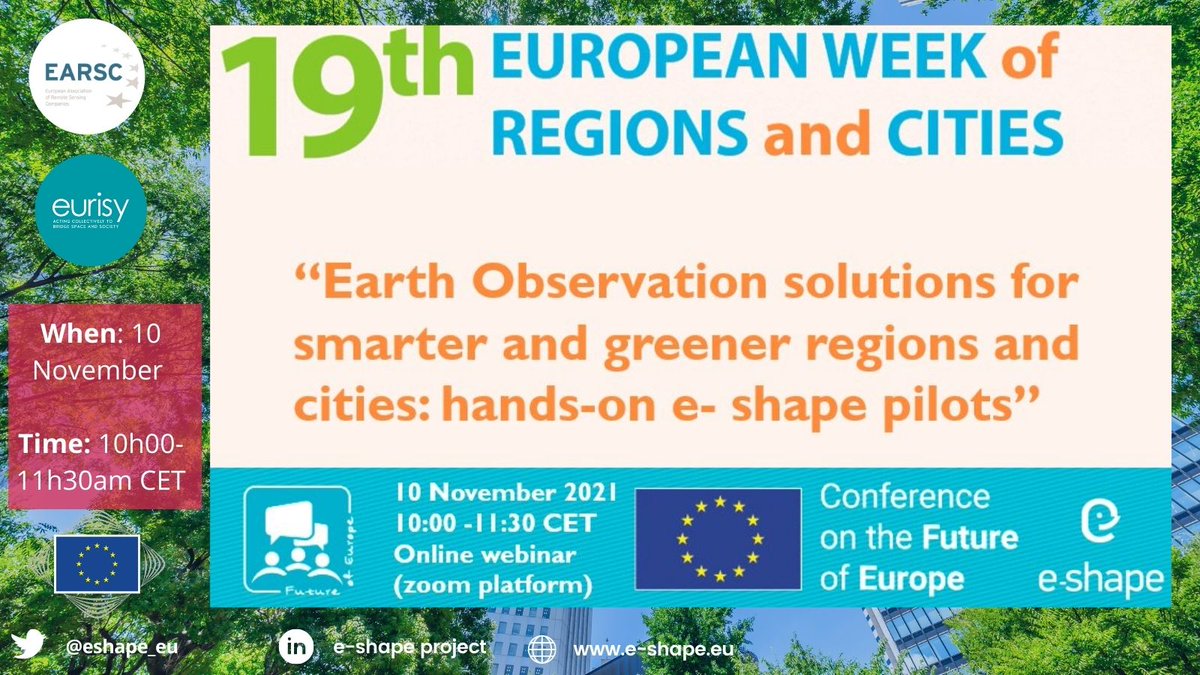 EARSC and EURISY are holding a Workshop within the 19th edition of the European Week of Regions and Cities 2021, to discuss opportunities and challenges to the operational uptake of mature satellite-based services. Register here: docs.google.com/forms/d/e/1FAI…
