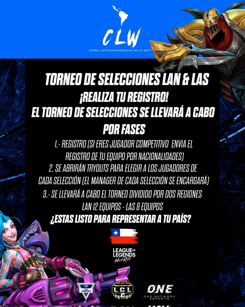 CLW_Copa_Latinoamericana_WildRift (@clw_wildrift) on Twitter photo CLW está en búsqueda de la administración de las selección chilena 🇨🇱
Puedes postularte aquí, como manager o como jugador para ser parte de esta selección 🔥
<a href="/LCL_League/">LCL LATAM COMPETITIVE LEAGUE</a> <a href="/LeagueChampionL/">LeagueChampions_LATAM</a> #ONE_Network_Esports CLW está en búsqueda de la administración de las selección chilena 🇨🇱
Puedes postularte aquí, como manager o como jugador para ser parte de esta selección 🔥
<a href="/LCL_League/">LCL LATAM COMPETITIVE LEAGUE</a> <a href="/LeagueChampionL/">LeagueChampions_LATAM</a> #ONE_Network_Esports
