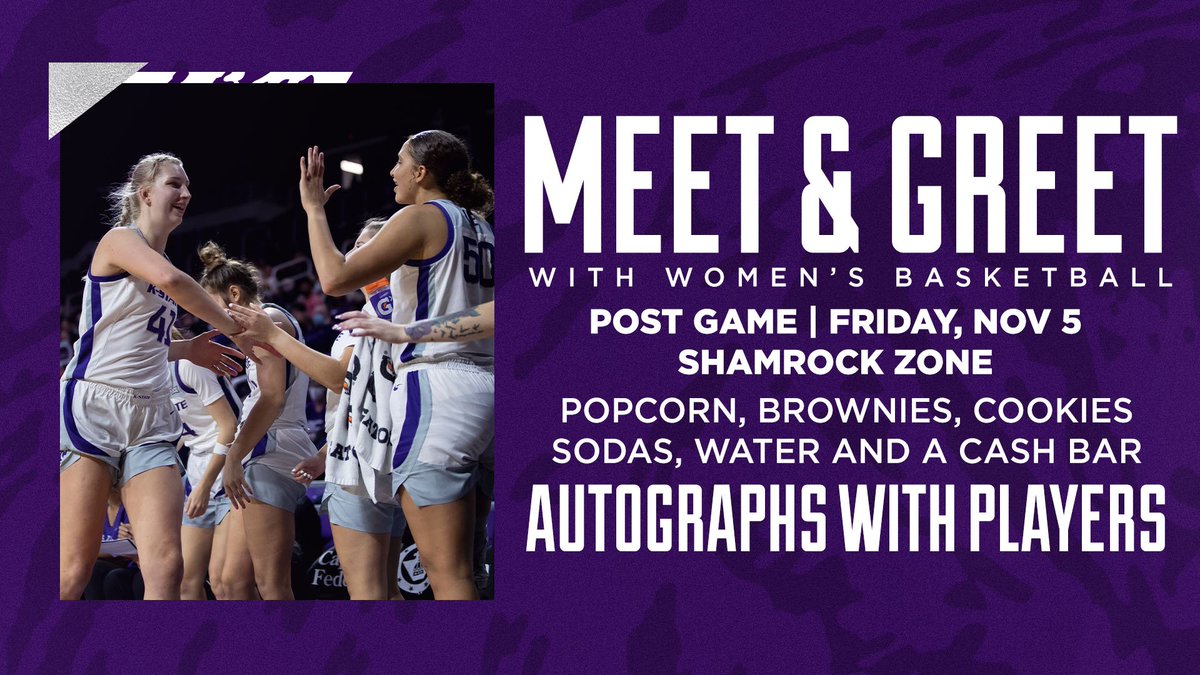 KStateWBB's tweet photo. 🗓 MEET &amp; GREET 🗓

Join us on Friday, November 5 in the Shamrock Zone after our game with Pittsburg State 😺

Enjoy snacks, drinks, autographs and more with your favorite Wildcat players &amp; staff 🏀

#KStateWBB x #BeKStateGr8 https://t.co/1i7Vh2wOzk
