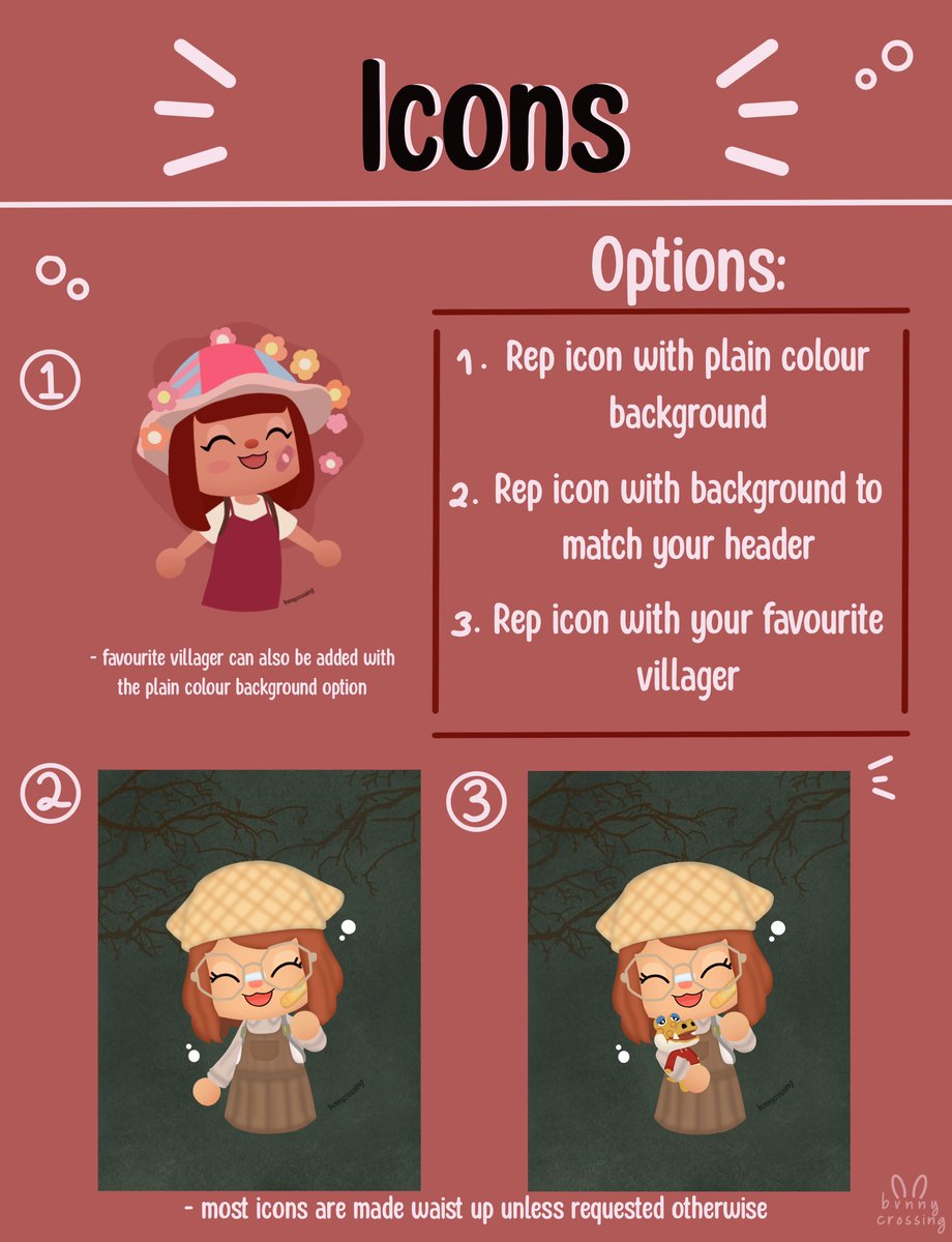hellooo everyone, i’ve set up these pages to show some of the things i’m doing, if anyone wants a header or icon for free, let me know! 

it would help me add on to the examples of work for my commissions 🌸