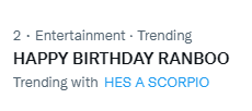 RanbooUpdates's tweet photo. HAPPY BIRTHDAY RANBOO, HE'S A SCORPIO, HAPPY BIRTHDAY RANBOO IG, and IT'S HIS BIRTHDAY is trending https://t.co/OtLCgJjVQy