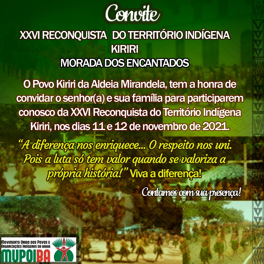 mupoiba's tweet photo. Venham comemorar com o Povo Kiriri a XXVI celebração da reconquista de seu território, que acontecerá entre os dias 11 e 12 de novembro. ✊🏾🏹
Segue a programação no nosso card. 🗣️ https://t.co/U2AqCq8Zwa