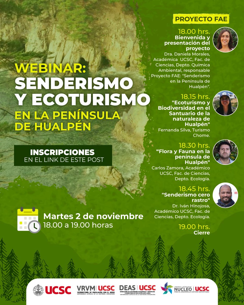 En estos momentos comienza el webinar Sendero y Ecoturismo en la Península de Hualpén. Un proyecto beneficiado con los fondos FAE 2021 de la <a href="/ucsc/">UC Santa Cruz</a>, realizado por la profesora Daniela Morales y <a href="/nct_ucsc/">Núcleo Científico Tecnológico UCSC</a> 
Aún puedes participar.
bit.ly/3nQNEeH