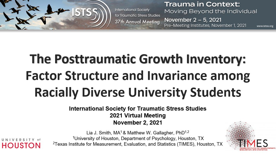 LiaJeanSmith's tweet photo. Very proud to present my research examining #PostTraumaticGrowth #MeasurementInvariance and #Diversity! Be sure to check out today's #Assessment and #Diagnosis Flash Talks. 
@ISTSSnews @ISTSS_Students #ISTSS2021 
Catch my flash talk at 7:50pm EDT/ 6:50pm CDT for more! https://t.co/WaXZ8Qrs4N