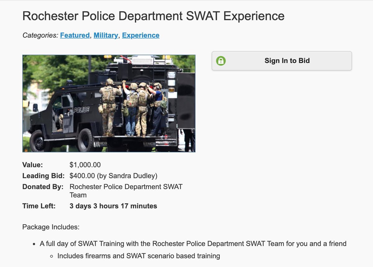 ftp_roc's tweet photo. RPD have so much free time and surplus military equipment they're auctioning off all-day SWAT "experiences" for wealthy bidders. #DefundTheRPD https://t.co/ObE8JUQqid