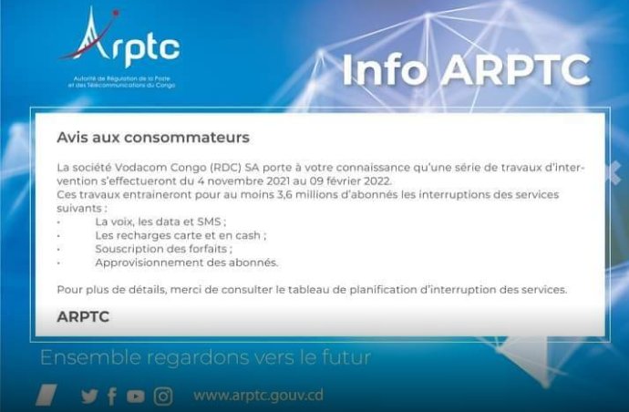 Newscd15's tweet photo. #ARTPC : Les services SMS, Voix, souscription forfaits…seront interrompus auprès de 3,6 millions d’abonnés @Vodacomcongo. ( Communiqué ) https://t.co/6mN1eDoLBv