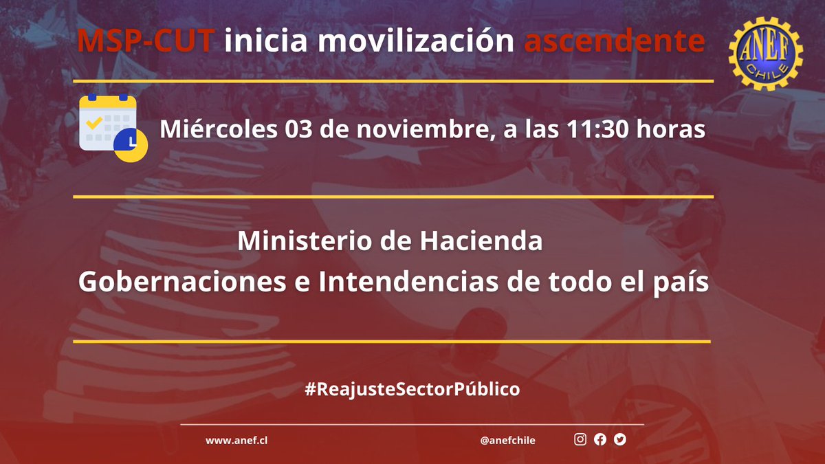 📢#ReajusteSectorPúblico | Mesa del Sector Público (#MSPCUT) inicia un proceso de movilización ascendente.
🗓️Miércoles 03 de noviembre 
⌚️11:30 horas
📍 Ministerio de Hacienda. 
📍Gobernaciones e Intendencias