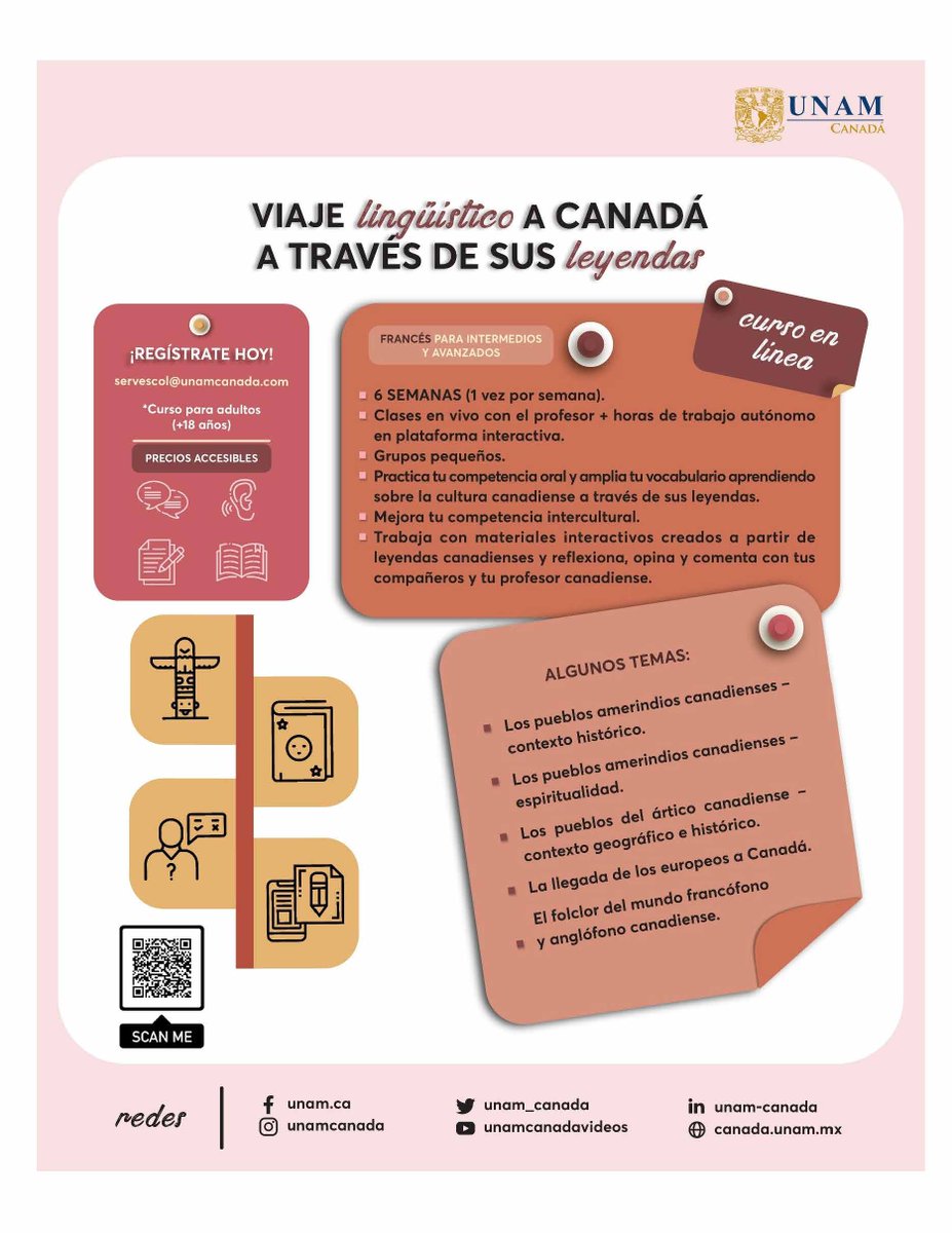 UNAM_Canada's tweet photo. 📣Eres profesor de francés y te gustaría conocer más sobre Canadá a través de su leyendas? 🍁No te pierdas este curso en línea.
Cupos limitados! Inscríbete hoy 👉servescol@unamcanada.com
https://t.co/Dqxr3p6OZ6
#unamcanada #francesenlinea #francescanada #frances https://t.co/DwDXIzxkQ6