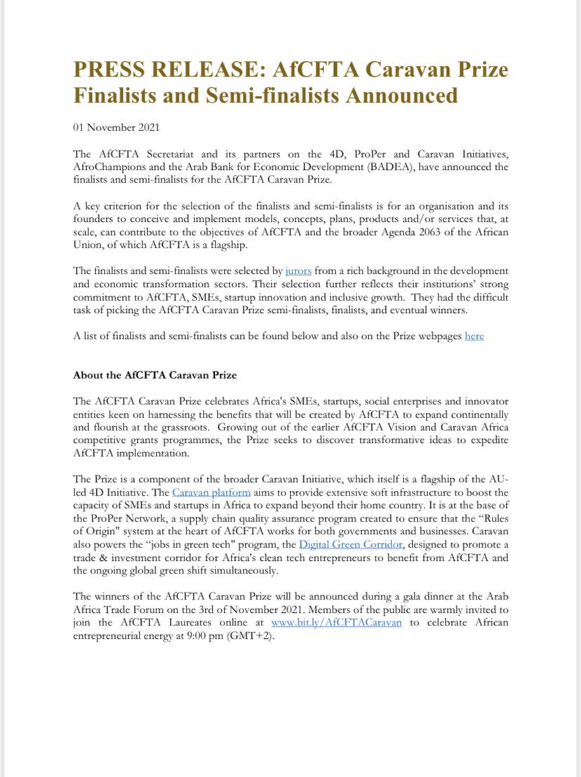 AfCFTA's tweet photo. We are happy to present the list of finalists and semi finalists of the Caravan prize @AfroChampions ahead of the announcement of winners tomorrow evening. The official Press release👇🏾👇🏾 https://t.co/8Dnsq7flPq