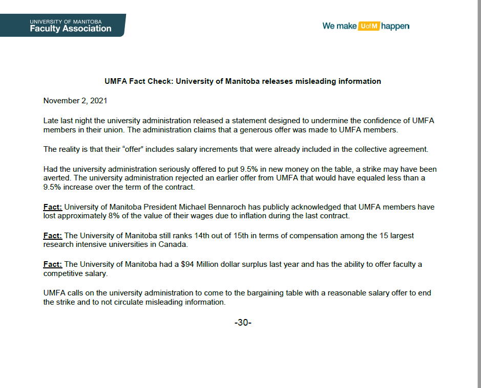 UMFA_FAUM's tweet photo. UMFA Fact Check: University of Manitoba releases misleading information https://t.co/zrVJ734RKg
Late last night the university administration released a statement designed to undermine the confidence of UMFA members in their union. Click to read more. https://t.co/zEJPfWQ0bV