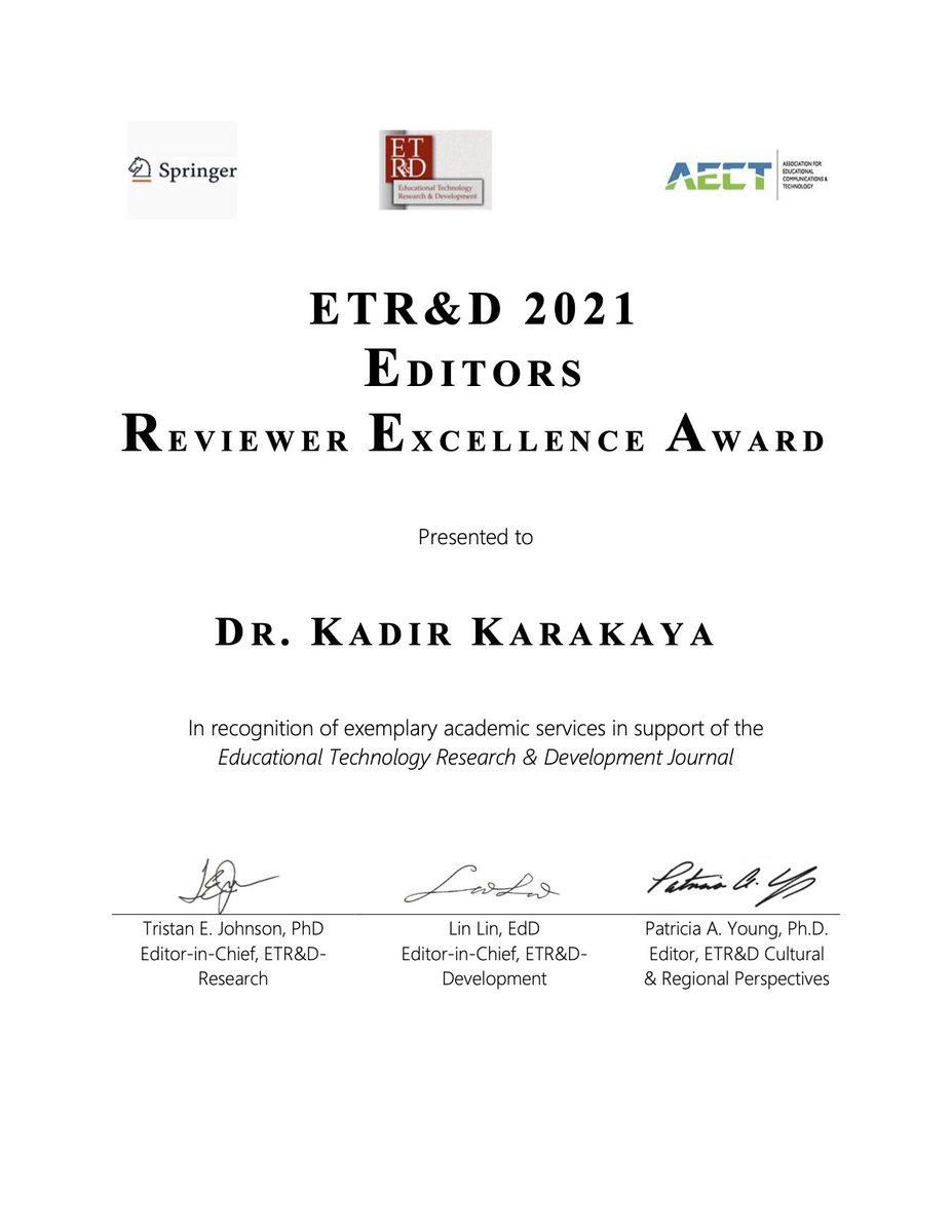 kdr_karakaya's tweet photo. I'm so happy and honored to share that I have been recognized with the #ETRD Reviewer Excellence Award.

@AECT #AECT2021 #AECT21 https://t.co/PM9yA1H0Tx