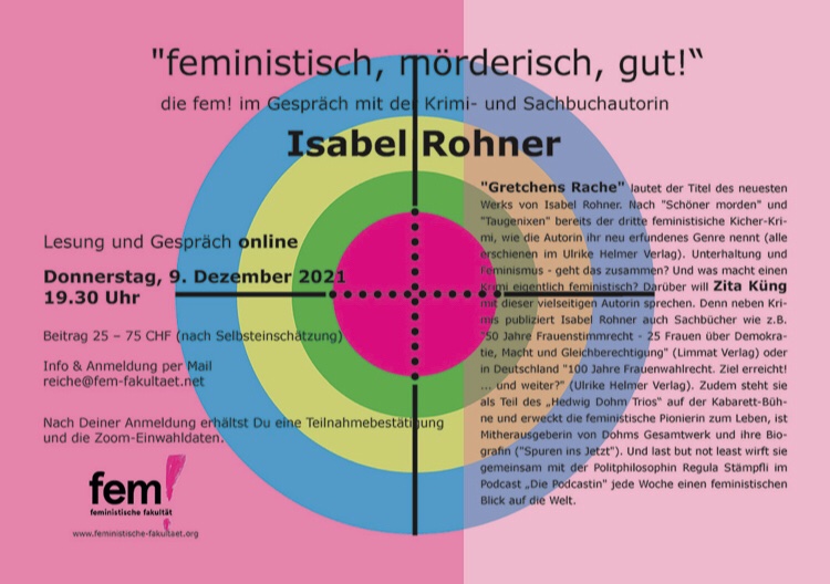 ‼️SAVE THE DATE‼️
Am 9. Dezember 2021 bin ich um 19.30 Uhr online zu Gast bei der „Feministischen Fakultät“! 
Mit Gastgeberin Zita Küng (<a href="/CH_2021/">CH2021</a>) spreche ich über #GretchensRache (<a href="/HelmerVerlag/">Ulrike Helmer Verlag</a>) und bestimmt auch über #diepodcastin (<a href="/laStaempfli/">Regula Staempfli & Kurzform laStaempfli</a>) &amp; #50jahrefrauenstimmrecht 💪