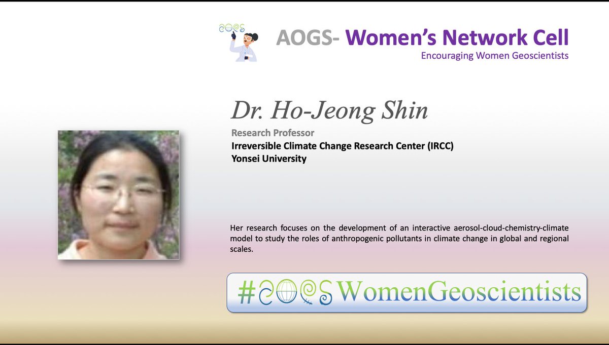 AogsWnc's tweet photo. This week @AogsWnc, we are celebrating the achievements of an amazing climate researcher Dr. Ho-Jeong Shin, Research Professor from Yonsei University @YONSEISnW South Korea
 
 Glad to have you onboard!
#AOGSWomenGeoscientists https://t.co/rIbCI7RXYE