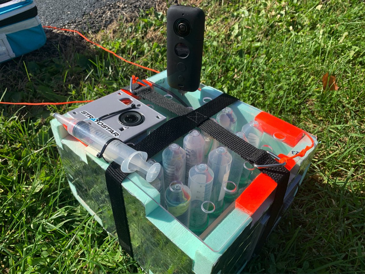 Made it to the launch site….almost ready to fill the balloon!!! Here are the student projects today :) #stratostar0455