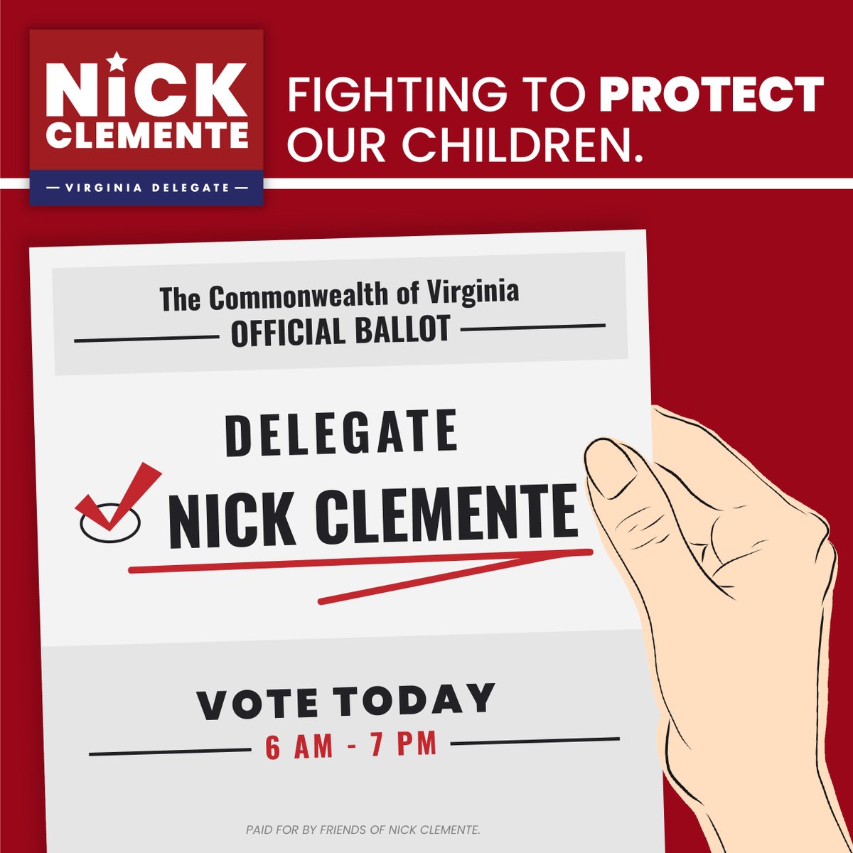 Today, by casting your vote, you have an opportunity to give a voice back to victims, to protect our children, and to bring a fresh approach to politics. Let your voice be heard by casting your #vote for #NickClementeForDelegate