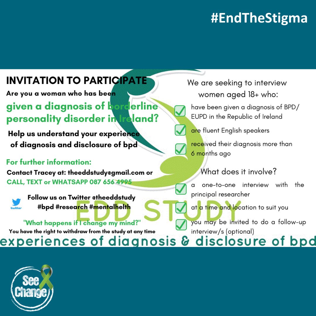 GreenRibbonIE's tweet photo. Are you a woman who has been given a diagnosis of borderline personality disorder in Ireland? Trinity College Dublin is looking to understand your experience of diagnosis and disclosure of #BPD.

For more info, contact Tracey at theeddstudy@gmail.com or on 0876564995 https://t.co/5Ay8nTFZ9s