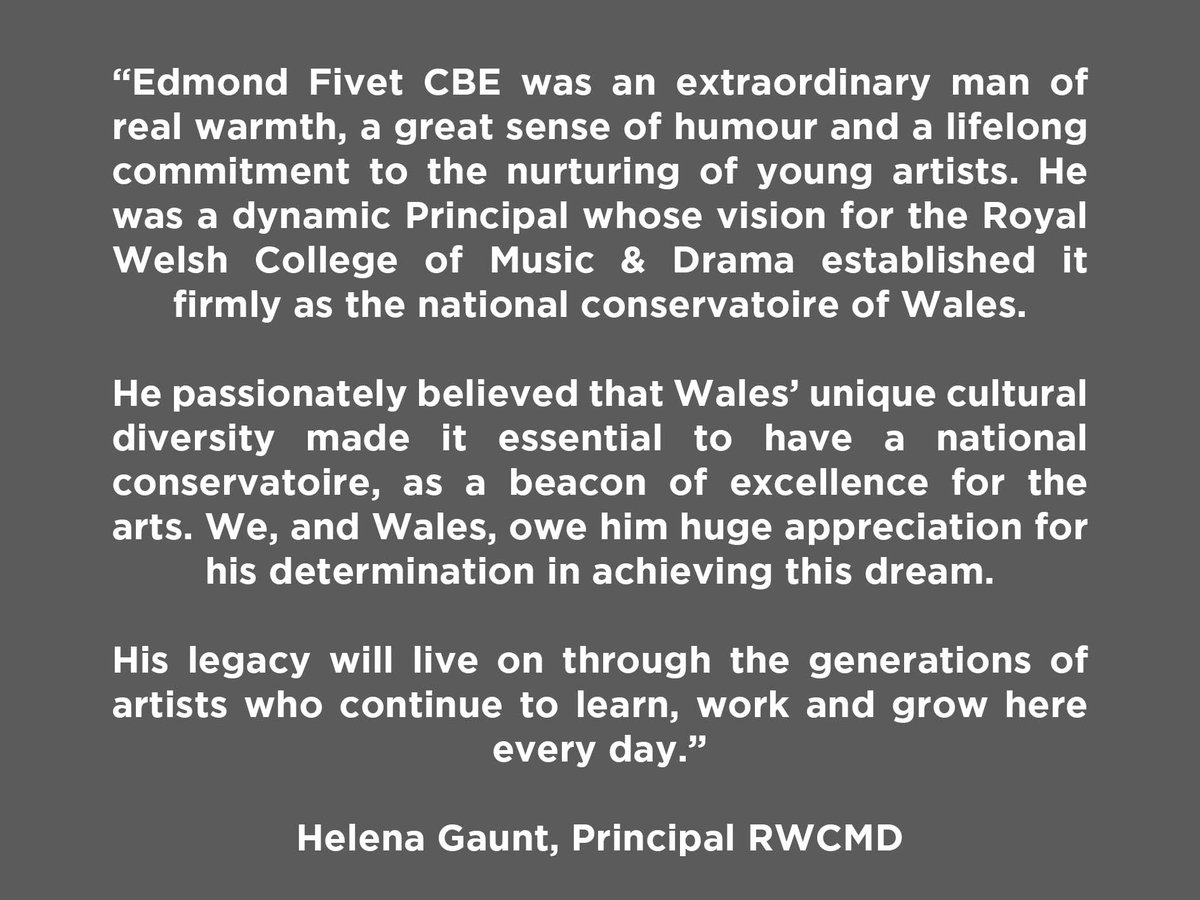RWCMD's tweet photo. We are sorry to share the news that our former Principal Edmond Fivet CBE has passed away. Current Principal Helena Gaunt pays tribute to him from RWCMD.
 
https://t.co/DZmKGtIWFb https://t.co/7Gu6Zi50aS