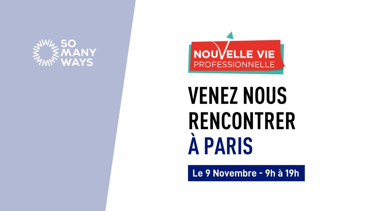 somanyWays (@somanywaysco) on Twitter photo On se rencontre en vrai ? 😎
Le salon <a href="/NouvelleVie_Pro/">Nouvelle Vie Pro</a> se déroulera le mardi 9 Novembre et on sera de la partie ! L’occasion de discuter de votre projet de reconversion et d'écouter les histoires de transition de nos anciens participants 💙
📍À l'espace Champerret de 9h à 19h ⏰ On se rencontre en vrai ? 😎
Le salon <a href="/NouvelleVie_Pro/">Nouvelle Vie Pro</a> se déroulera le mardi 9 Novembre et on sera de la partie ! L’occasion de discuter de votre projet de reconversion et d'écouter les histoires de transition de nos anciens participants 💙
📍À l'espace Champerret de 9h à 19h ⏰