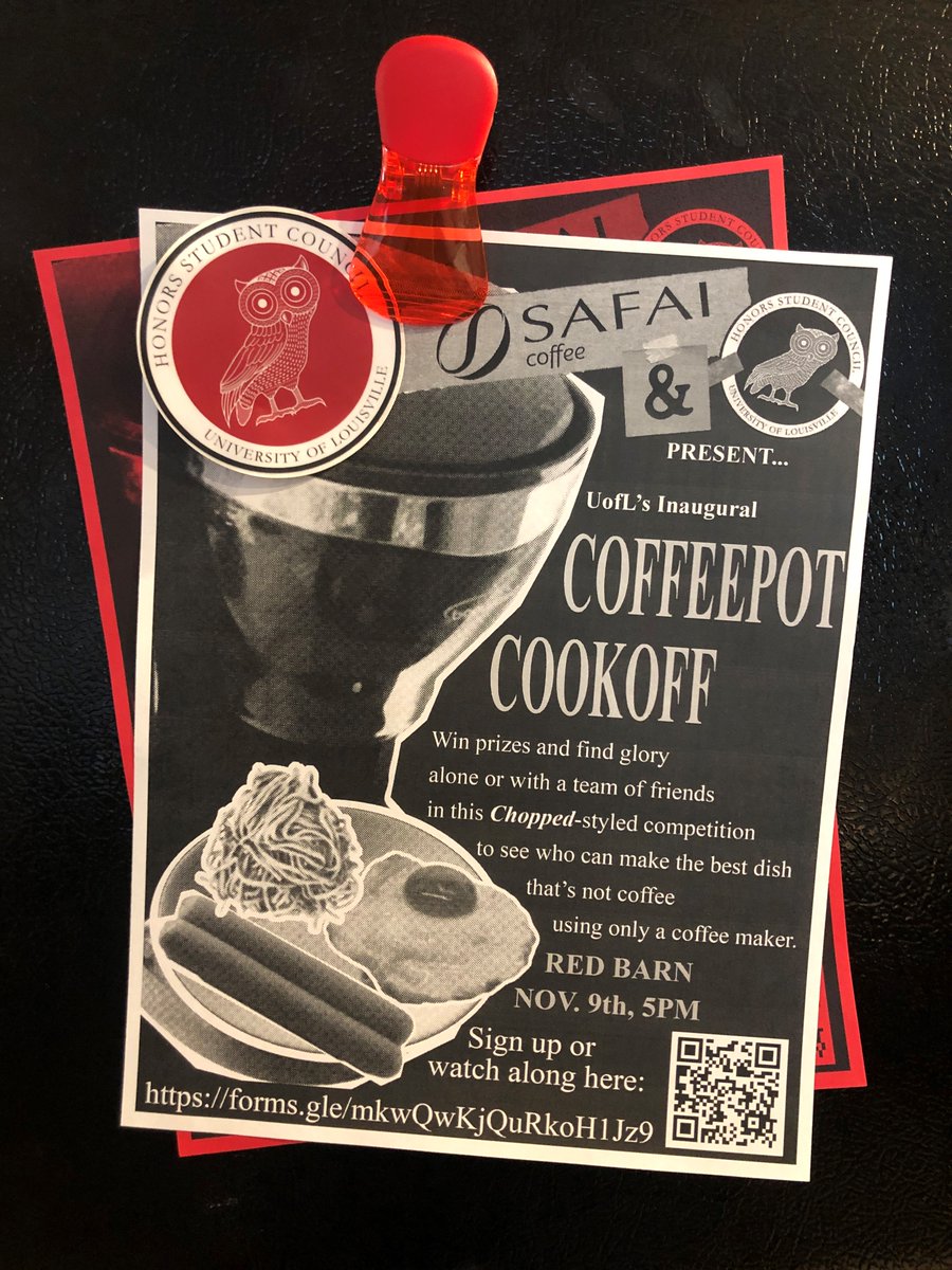UofL_HSC's tweet photo. HSC and Safai coffee presents... the first COFFEEPOT COOK-OFF❗❗ Sign up or watch along for this "chopped" style competition using the link in our bio. We hope to see your best dish at the Red Barn on November 9th at 5pm! https://t.co/JvUNN5Pfdu
