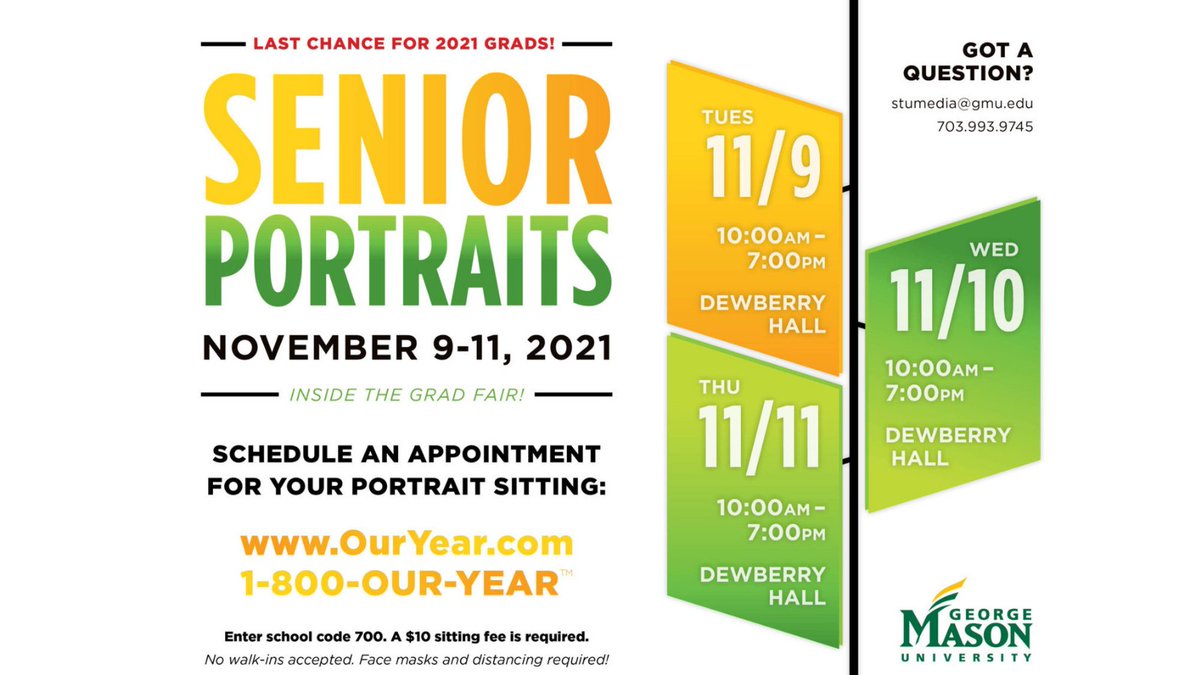 Student Media offers all those graduating from Mason (undergraduate and graduate students) the opportunity to have their senior portrait taken on the Fairfax campus at one of their professional photography sessions.
